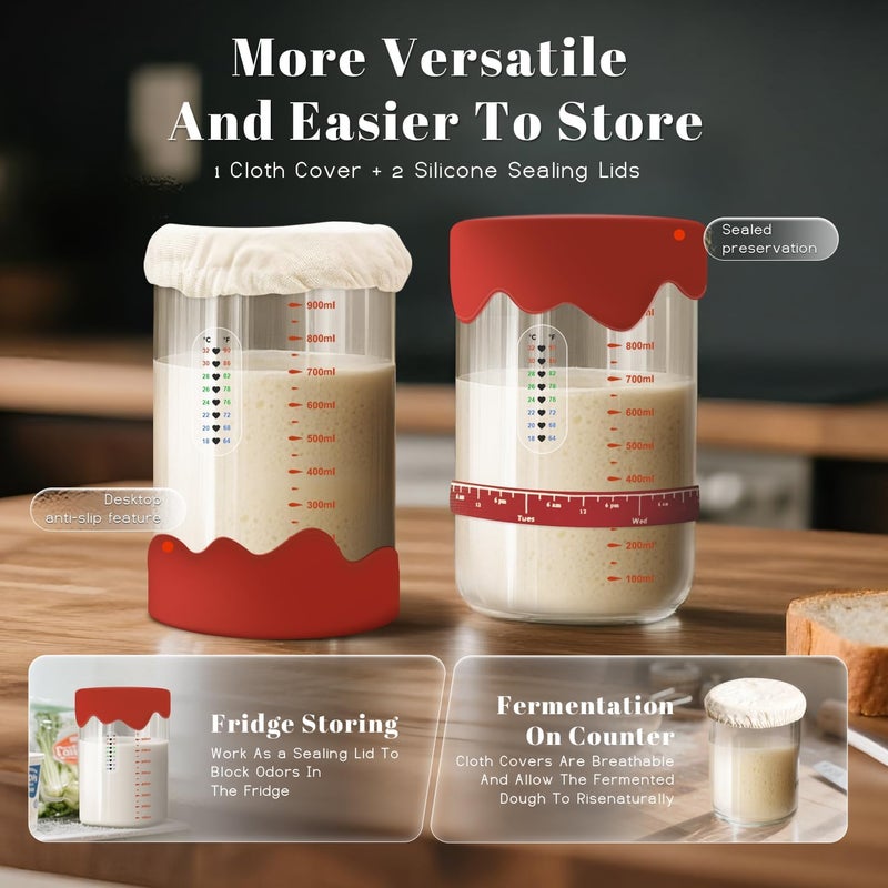 Solisifime Pro Sourdough Starter 10-In-1 Kit – 34 Oz Glass Jar With Lid, Cloth Cover, Date Band, Brush, Temp Strip, Silicone Spatula, Heating Mat – Sourdough Bread Baking Supplies, Glass Container, Red - Image 4